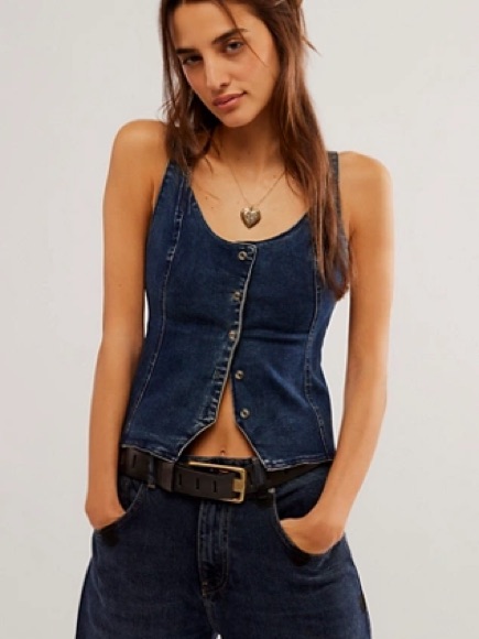 Free People Dark Blue Denim Button Tank